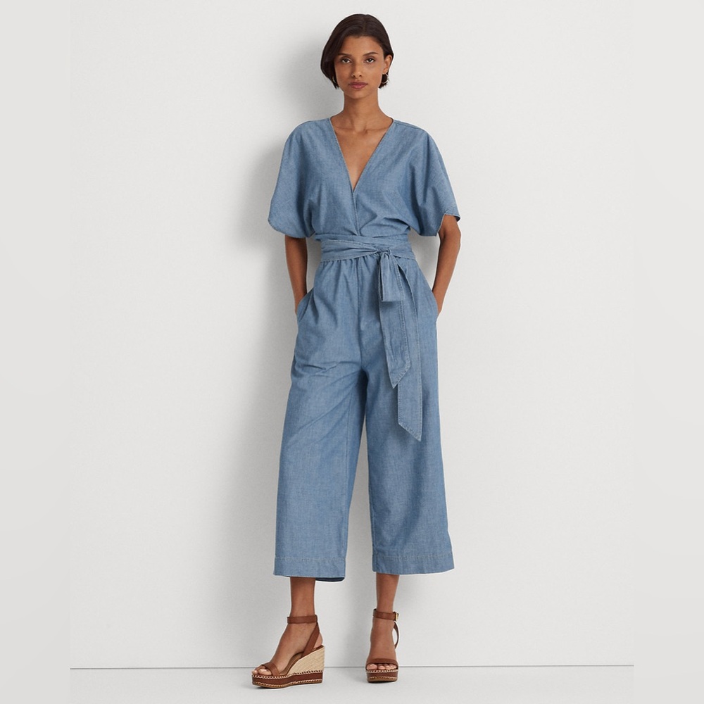 Lauren Ralph Lauren Blue Belted Chambray Wrap Jumpsuit